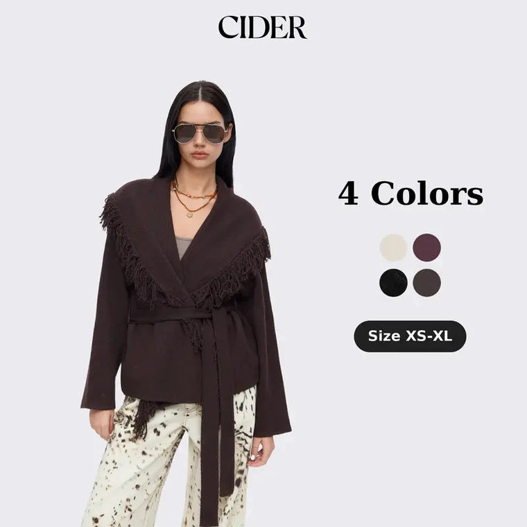 Cider Women's Fringed Wool-Blend Long Wrap Cardigan with Tie Belt