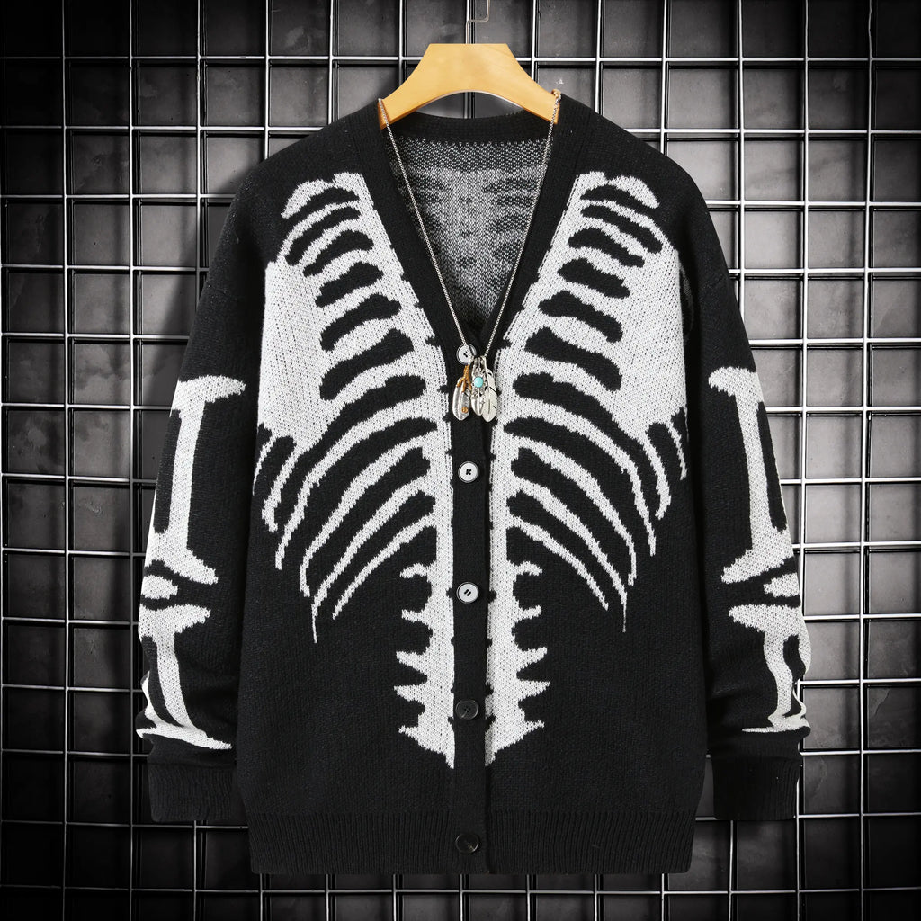 Men's Skeleton Knit Cardigan – V-Neck Button Front