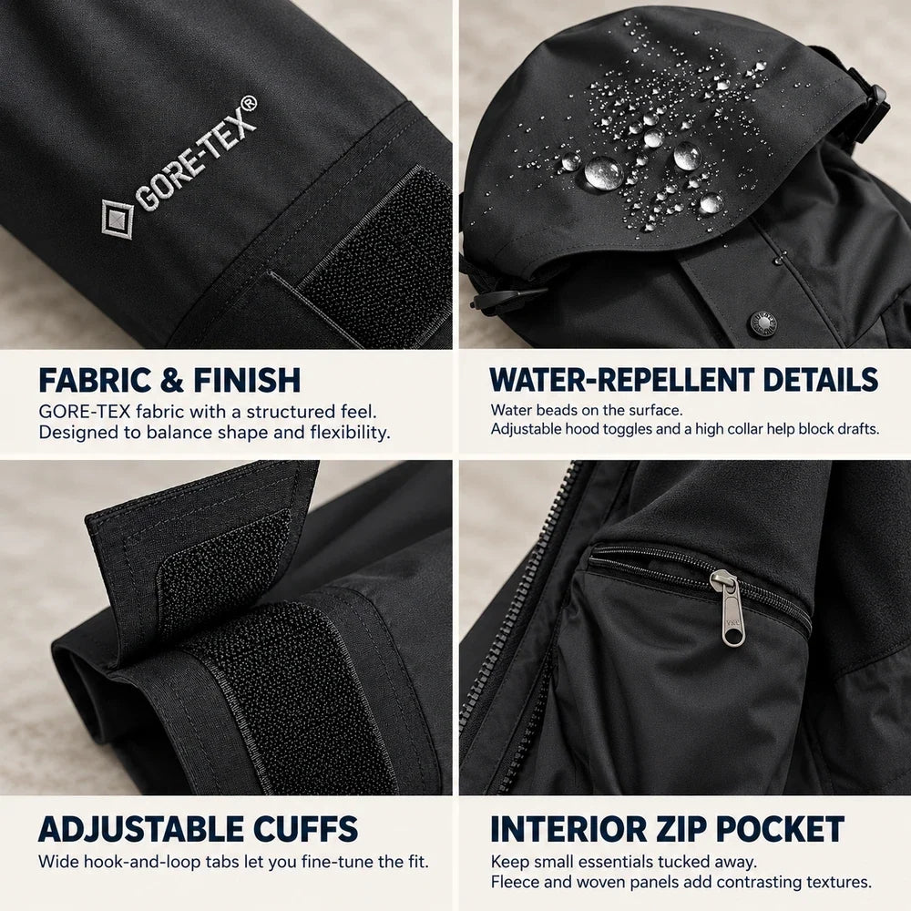 Close-up details of the jacket cuffs, pockets and finish