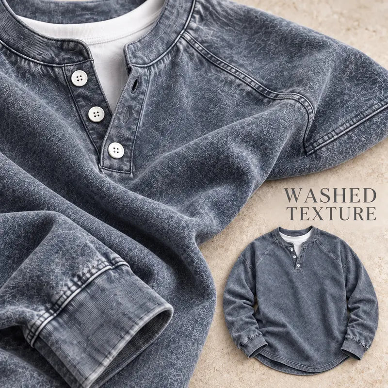 Men's Vintage Washed 3-Button Henley Long Sleeve Plain Pullover, Soft Polyester Oversized Relaxed-Fit Men's Clothing, Dark Brown Casual Streetwear, Dry Clean Compatible Stand Collar Shirt, Everyday Wear Outfits Ribbed Tshirt Wetsuit Menswear Beige Top
