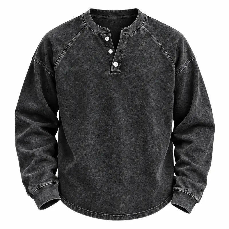 Men's Vintage Washed 3-Button Henley Long Sleeve Plain Pullover, Soft Polyester Oversized Relaxed-Fit Men's Clothing, Dark Brown Casual Streetwear, Dry Clean Compatible Stand Collar Shirt, Everyday Wear Outfits Ribbed Tshirt Wetsuit Menswear Beige Top