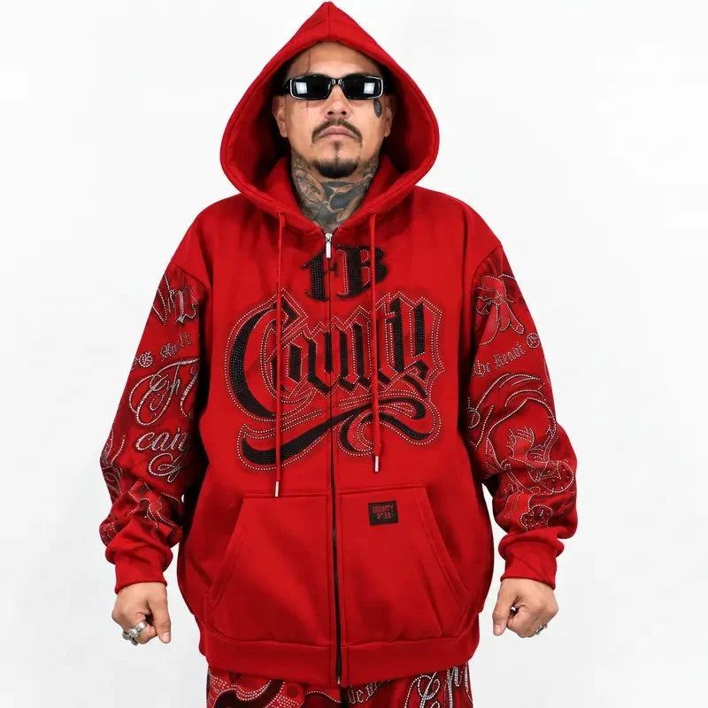 FB County Rhinestone Tatted Up Oversized Hoodie in Grey & Black