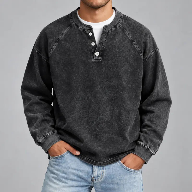 Men's Vintage Washed 3-Button Henley Long Sleeve Plain Pullover, Soft Polyester Oversized Relaxed-Fit Men's Clothing, Dark Brown Casual Streetwear, Dry Clean Compatible Stand Collar Shirt, Everyday Wear Outfits Ribbed Tshirt Wetsuit Menswear Beige Top