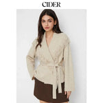 Cider Women's Fringed Wool-Blend Long Wrap Cardigan with Tie Belt