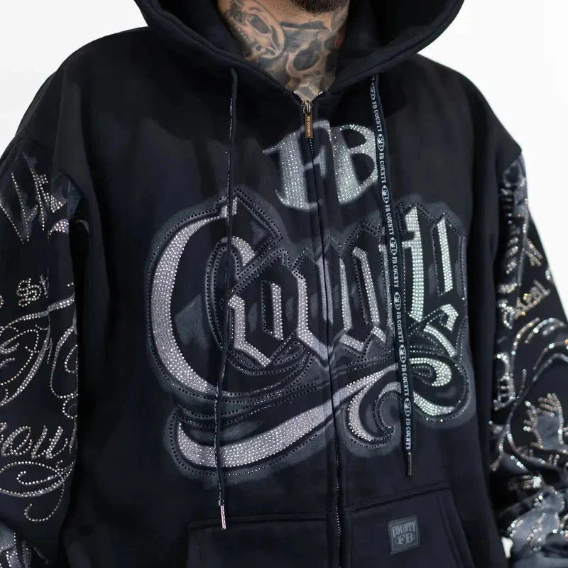 FB County Rhinestone Tatted Up Oversized Hoodie in Grey & Black