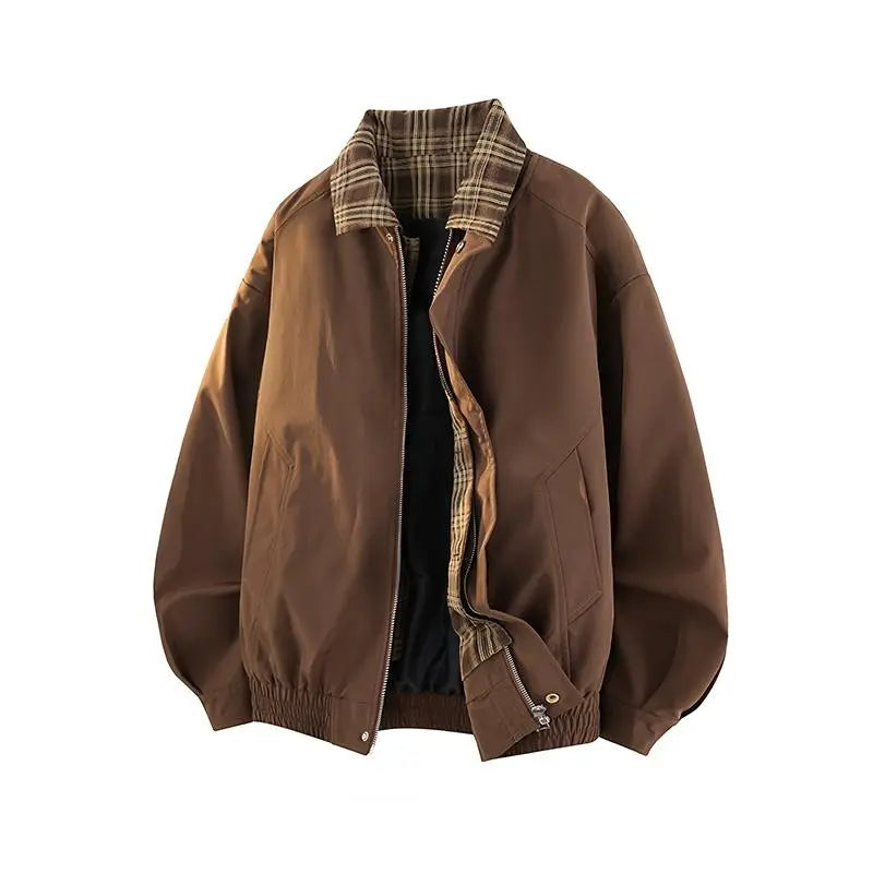 Men's Vintage Plaid Brown Jacket Workwear Lapel Coat Polyester