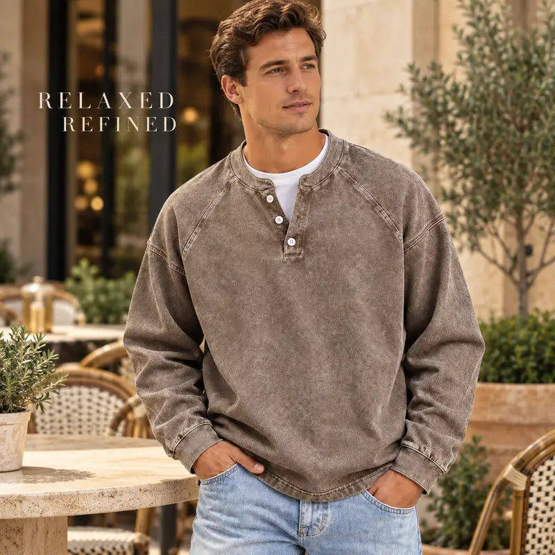 Men's Vintage Washed 3-Button Henley Long Sleeve Plain Pullover, Soft Polyester Oversized Relaxed-Fit Men's Clothing, Dark Brown Casual Streetwear, Dry Clean Compatible Stand Collar Shirt, Everyday Wear Outfits Ribbed Tshirt Wetsuit Menswear Beige Top
