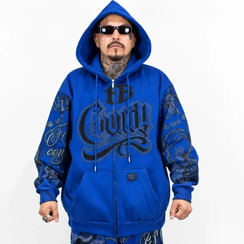 FB County Rhinestone Tatted Up Oversized Hoodie in Grey & Black