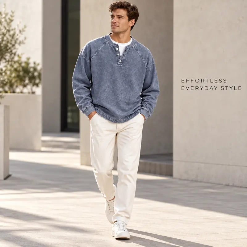 Men's Vintage Washed 3-Button Henley Long Sleeve Plain Pullover, Soft Polyester Oversized Relaxed-Fit Men's Clothing, Dark Brown Casual Streetwear, Dry Clean Compatible Stand Collar Shirt, Everyday Wear Outfits Ribbed Tshirt Wetsuit Menswear Beige Top