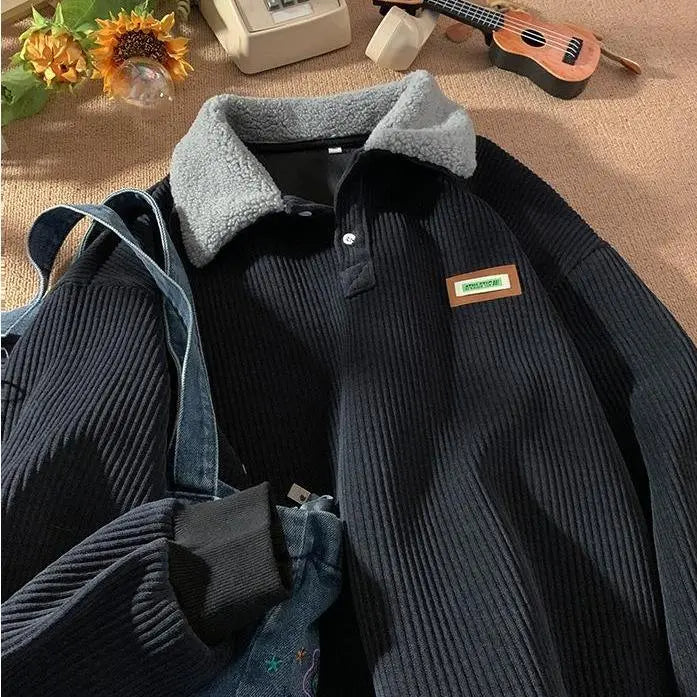 Corduroy Polo-Collar Sweater Coat – Relaxed Fit