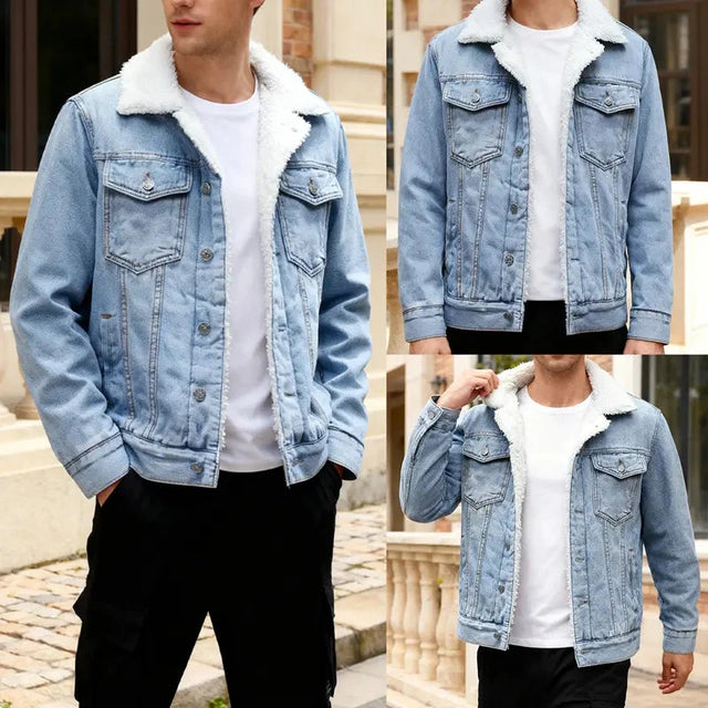 Kingapril Men's Sherpa Lined Denim Jacket Warm Casual Trucker Jacket