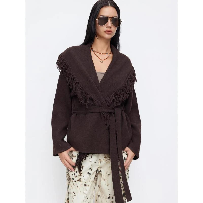 Cider Women's Fringed Wool-Blend Long Wrap Cardigan with Tie Belt