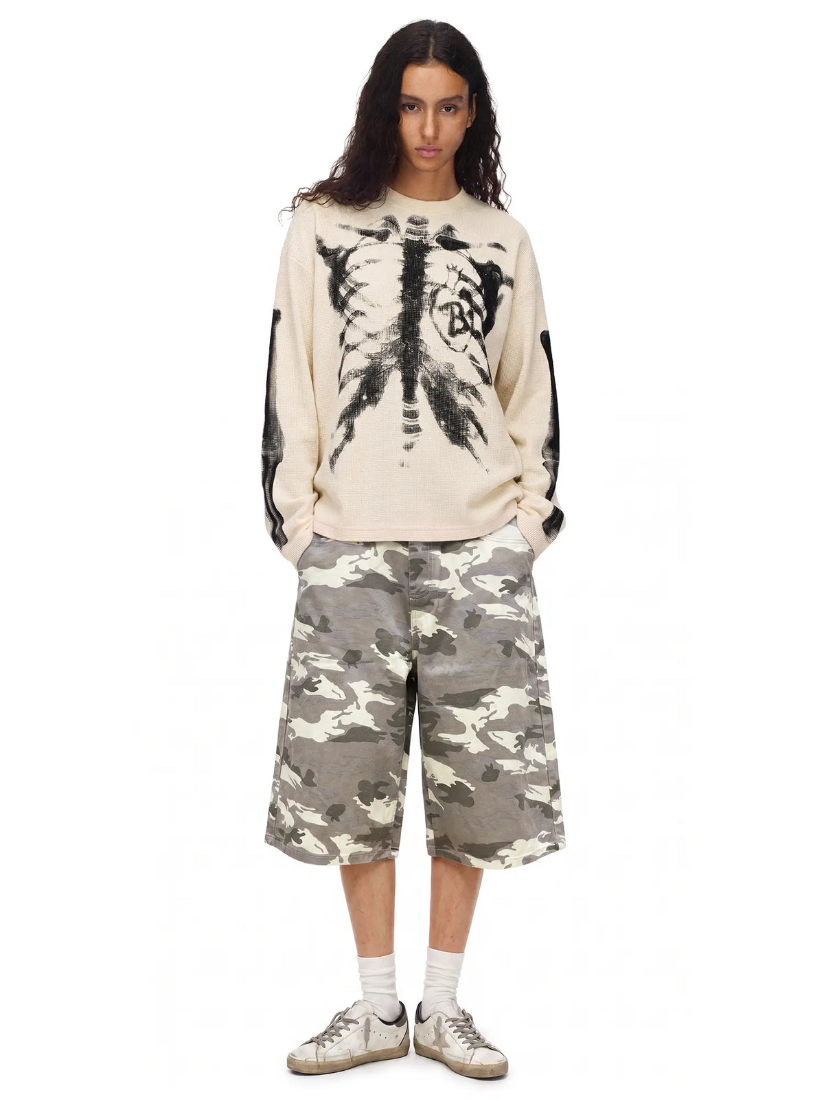 Skull Graphic Waffle Long-Sleeve Cotton T-Shirt