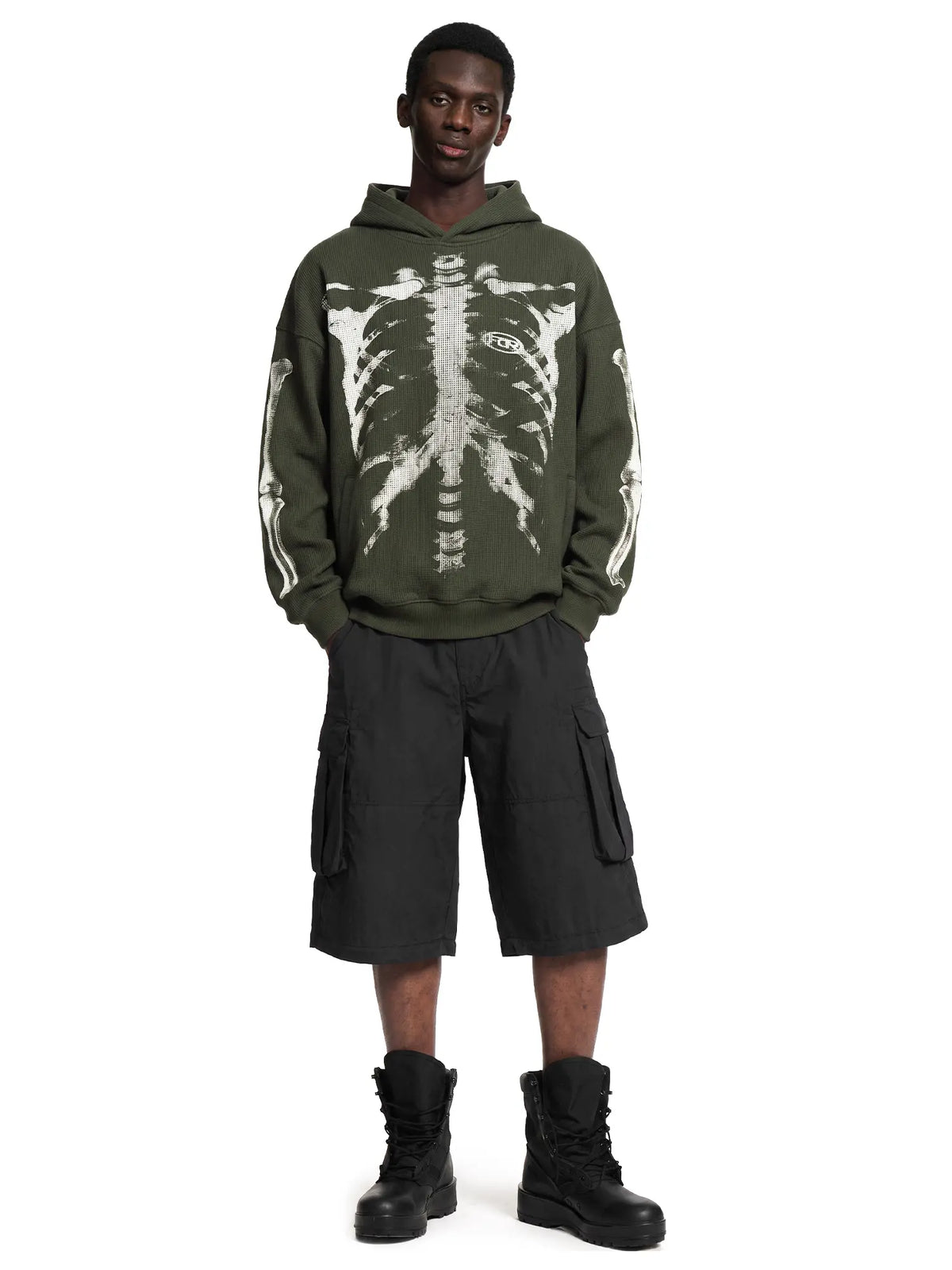 Skull Graphic Waffle Long-Sleeve Cotton T-Shirt