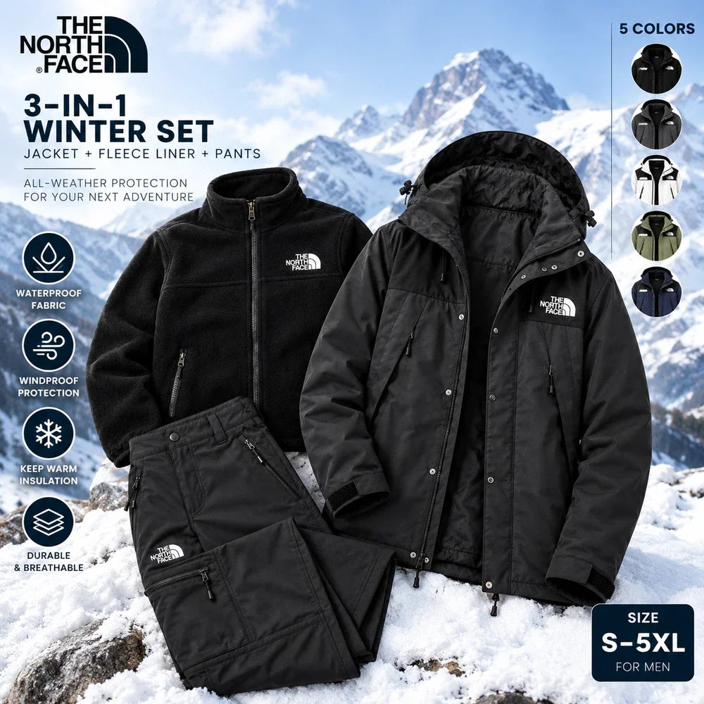Men's 3-Piece Waterproof Outdoor Set – Hooded Jacket, Fleece Liner & Cargo Pants