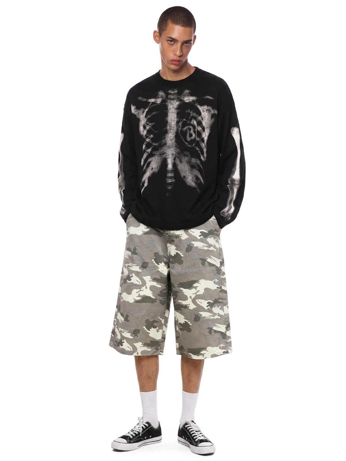 Skull Graphic Waffle Long-Sleeve Cotton T-Shirt
